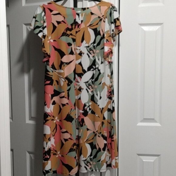 Anne Klein Coral Multi Color Flutter Sleeve Tropical Flower Dress - Picture 6 of 16